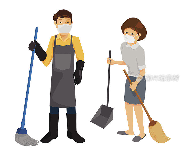 Man and woman holding cleaning supplies.